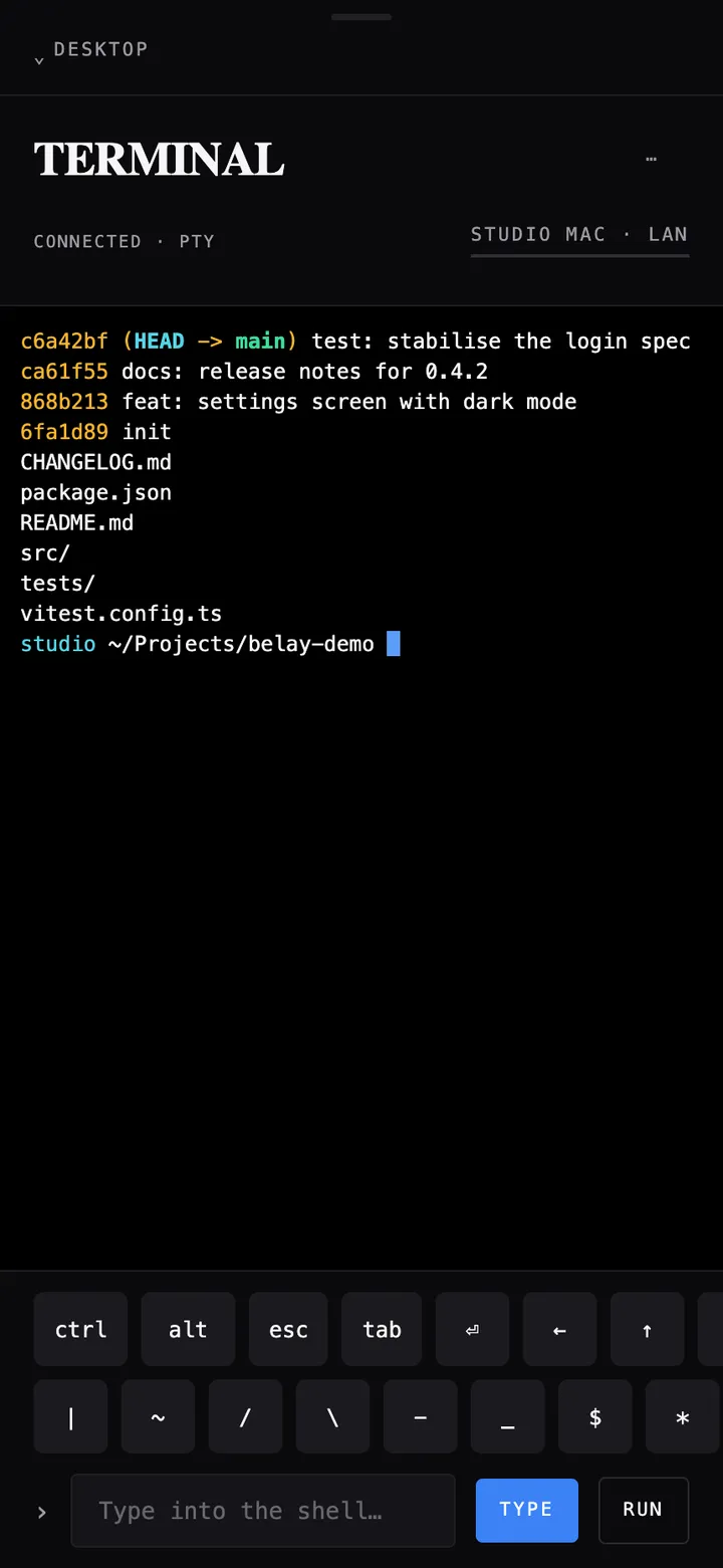 Belay's terminal on an iPhone, connected to 'Studio Mac' over LAN.